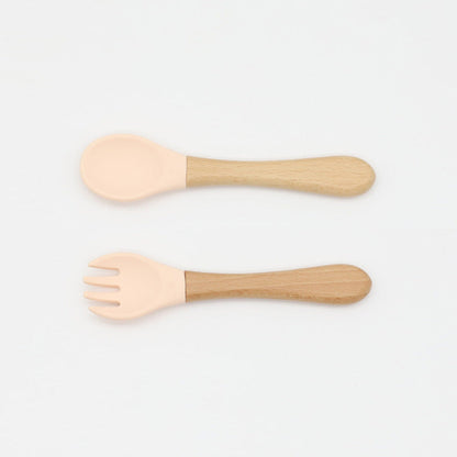 Baby Food Grade Wooden Handles Silicone Spoon Fork Cutlery by MyKids-USA™