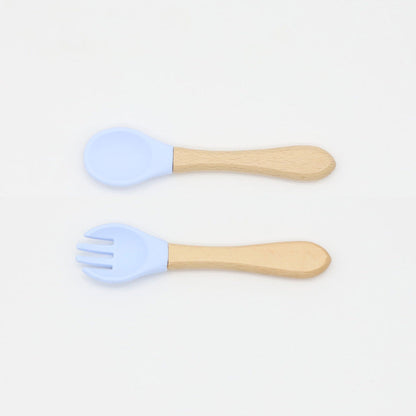 Baby Food Grade Wooden Handles Silicone Spoon Fork Cutlery by MyKids-USA™