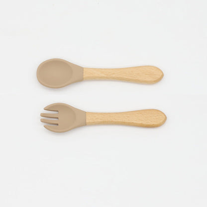 Baby Food Grade Wooden Handles Silicone Spoon Fork Cutlery by MyKids-USA™