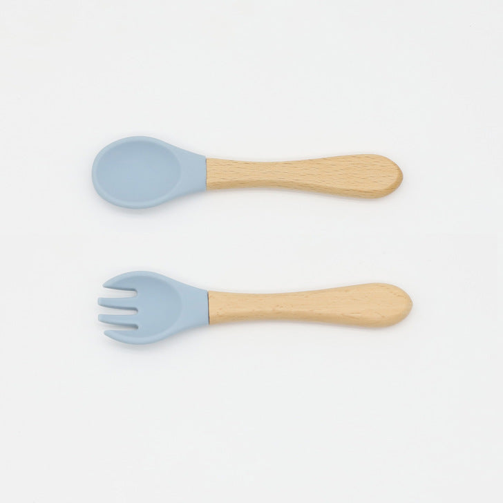 Baby Food Grade Wooden Handles Silicone Spoon Fork Cutlery by MyKids-USA™