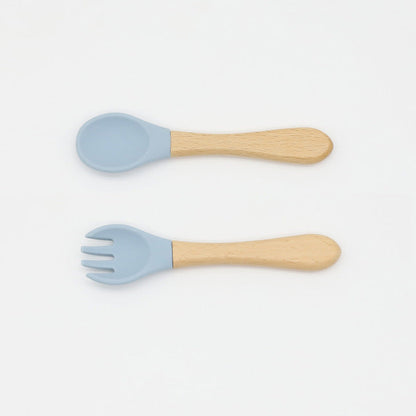 Baby Food Grade Wooden Handles Silicone Spoon Fork Cutlery by MyKids-USA™