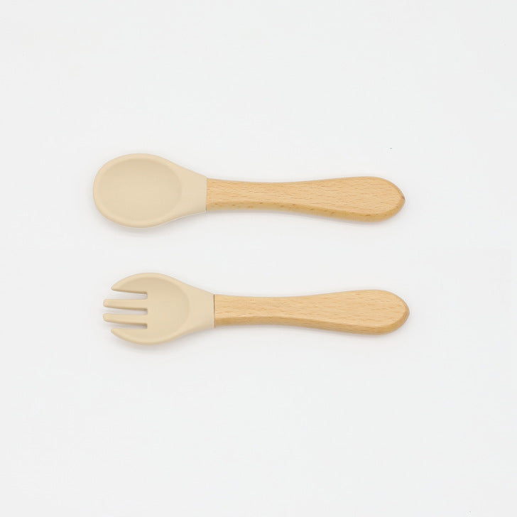 Baby Food Grade Wooden Handles Silicone Spoon Fork Cutlery by MyKids-USA™