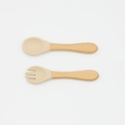 Baby Food Grade Wooden Handles Silicone Spoon Fork Cutlery by MyKids-USA™