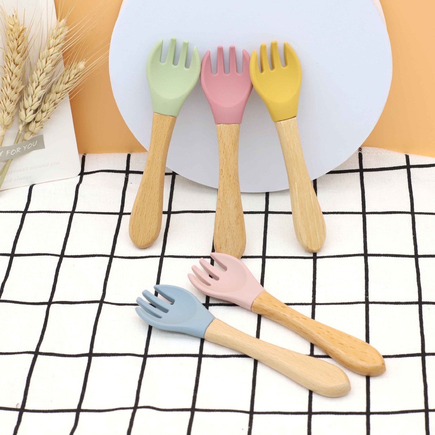 Baby Food Grade Wooden Handles Silicone Spoon Fork Cutlery by MyKids-USA™