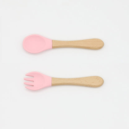 Baby Food Grade Wooden Handles Silicone Spoon Fork Cutlery by MyKids-USA™