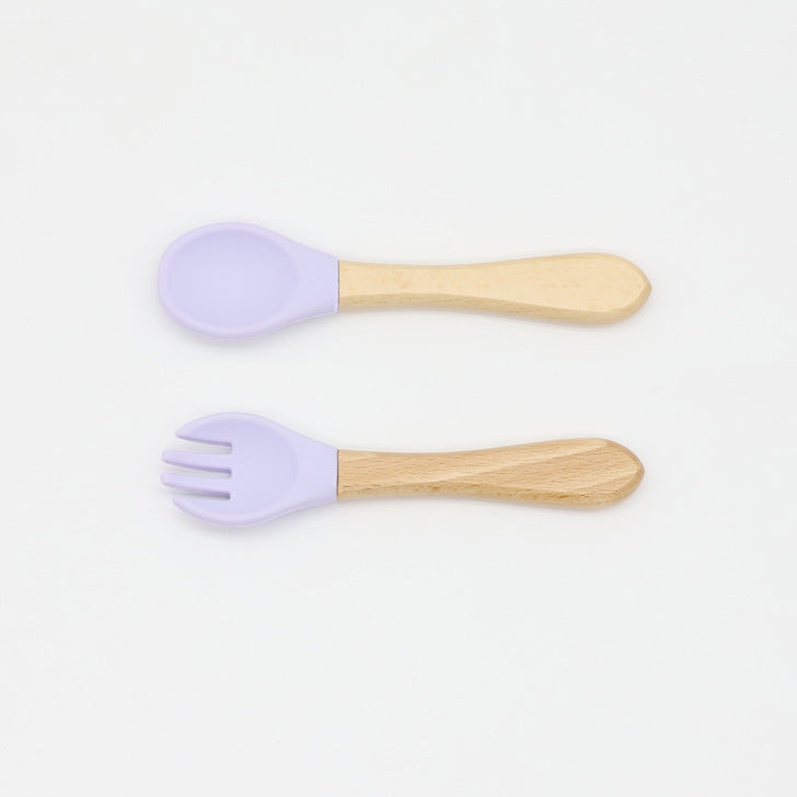 Baby Food Grade Wooden Handles Silicone Spoon Fork Cutlery by MyKids-USA™