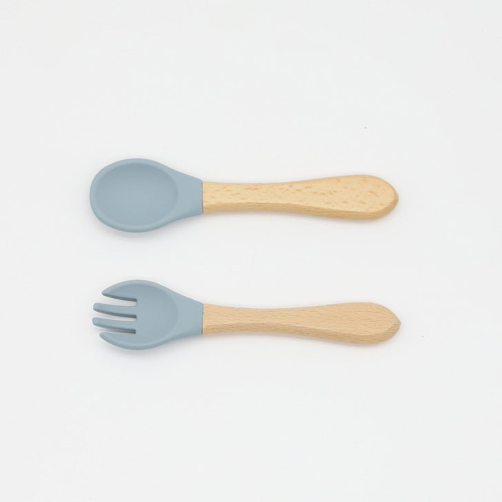 Baby Food Grade Wooden Handles Silicone Spoon Fork Cutlery by MyKids-USA™