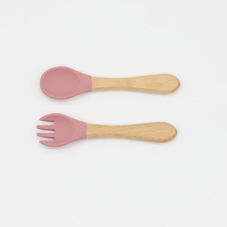 Baby Food Grade Wooden Handles Silicone Spoon Fork Cutlery by MyKids-USA™