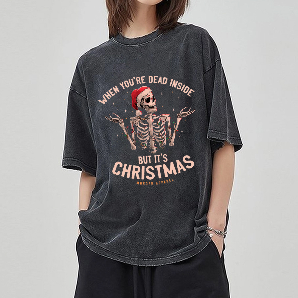 Unisex Fun Christmas skull Letter Printed Retro Washed Short Sleeved T-Shirt by migunica