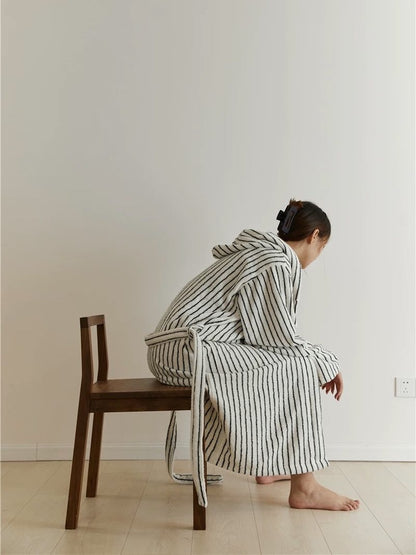 Retro 100% ORGANIC Long-stapled Cotton Hooded Stripe Bath Robe by INSPECIAL HOME