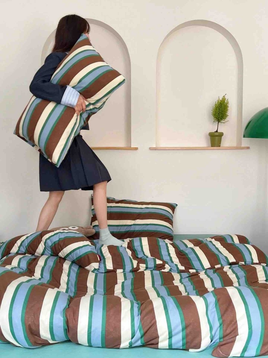 Retro Earthy Tone Stripe Duvet Cover Set with Pillowcases, 100% Cotton by INSPECIAL HOME