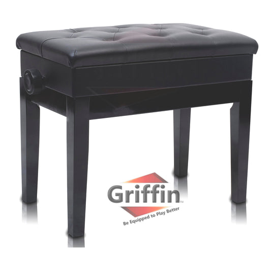 GRIFFIN Premium Antique Piano Bench - Adjustable Black Solid Wood Frame & PU Leather Padded Cushion - Vintage Ergonomic Musicians Keyboard Chair by GeekStands.com