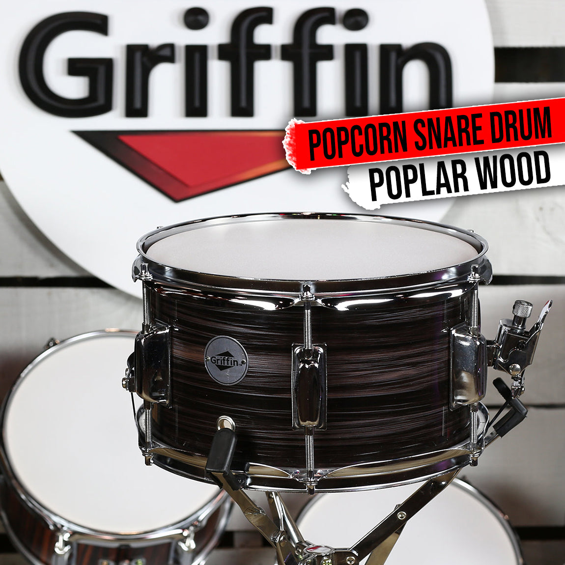 Popcorn Snare Drum by GRIFFIN | Firecracker Acoustic 10" x 6" Poplar Shell with Zebra Wood PVC | Soprano Mini Concert Marching Percussion Musical Instrument with Snare Throw Off, Drummers Key & Head by GeekStands.com