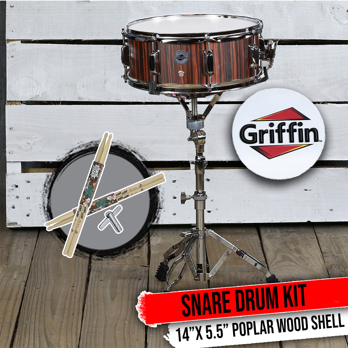 Snare Drum Set by GRIFFIN - Includes Snare Stand, 2 Pairs of Maple Drum Sticks & Drum Key | Wood Shell Drum Set, Chrome Holder Acoustic Marching Percussion Musical Instrument Practice Package by GeekStands.com