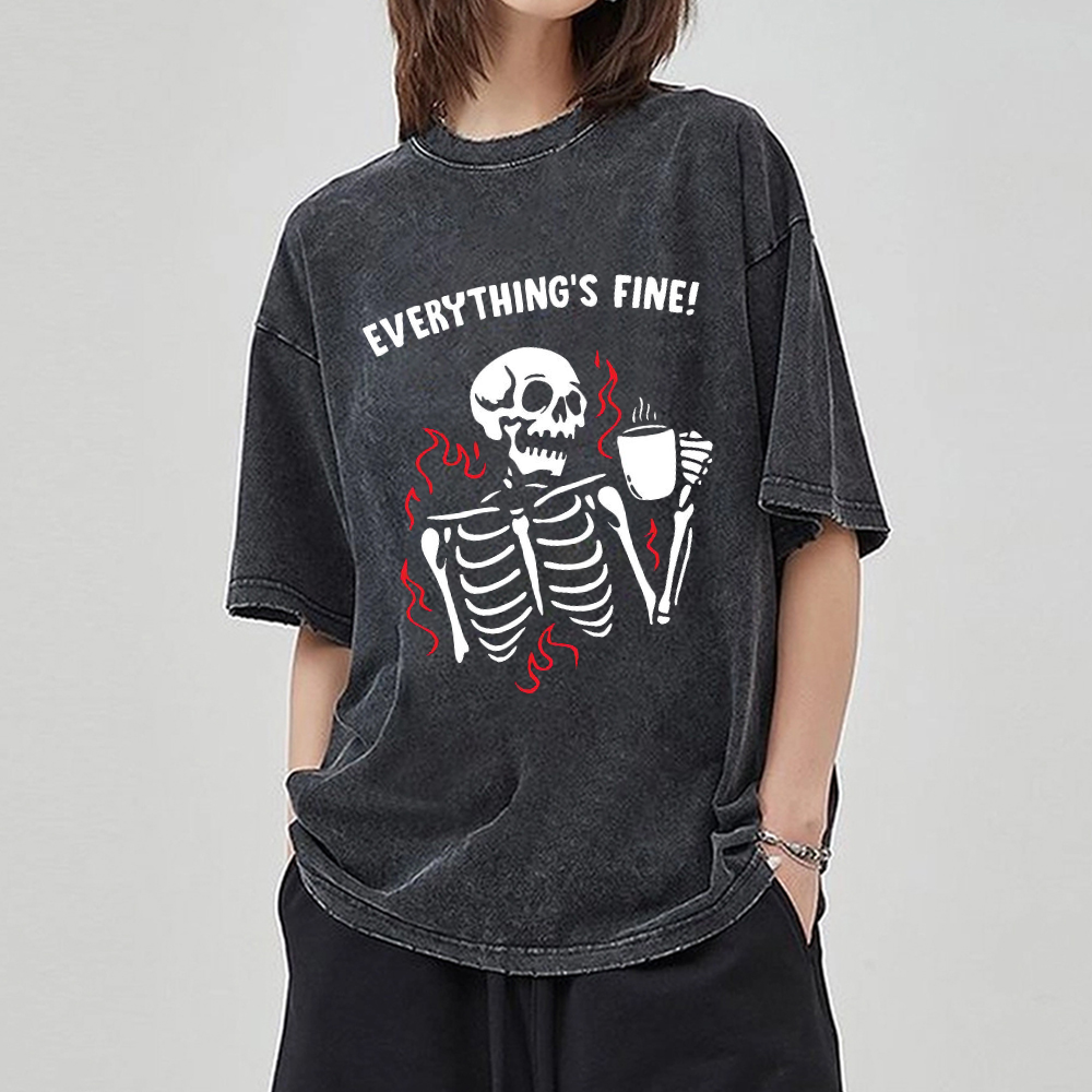 Unisex Everything's Fine Skull Letter Printed Retro Washed Short Sleeved T-Shirt by migunica