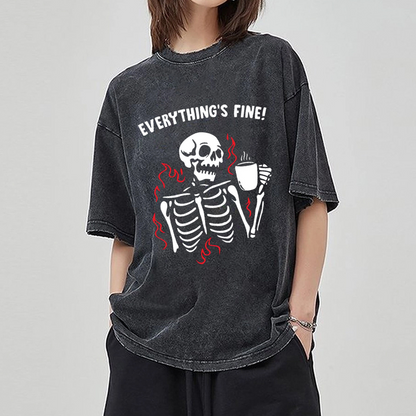 Unisex Everything's Fine Skull Letter Printed Retro Washed Short Sleeved T-Shirt by migunica