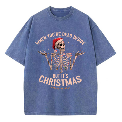 Unisex Fun Christmas skull Letter Printed Retro Washed Short Sleeved T-Shirt by migunica