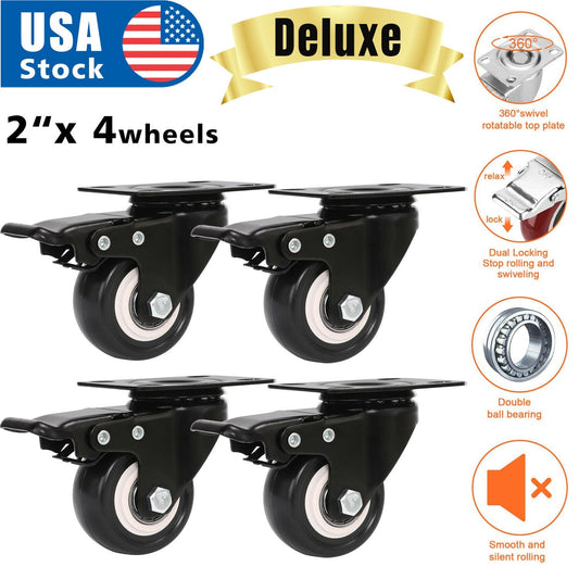 Set of 4 Heavy Duty Swivel Casters with Lock Brakes 2" Polyurethane Wheels by Plugsus Home Furniture