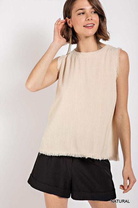 Sleeveless back button closure frayed top by VYSN