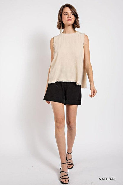 Sleeveless back button closure frayed top by VYSN