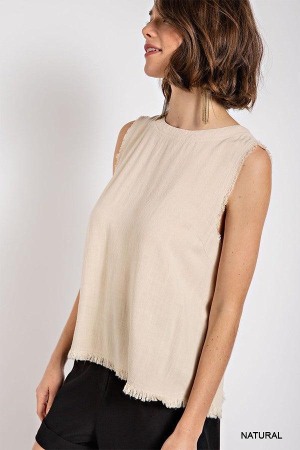 Sleeveless back button closure frayed top by VYSN