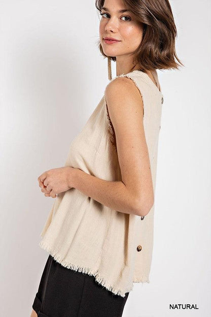 Sleeveless back button closure frayed top by VYSN