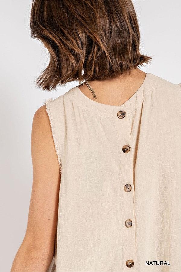 Sleeveless back button closure frayed top by VYSN