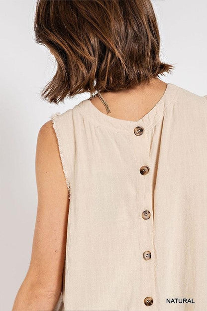 Sleeveless back button closure frayed top by VYSN