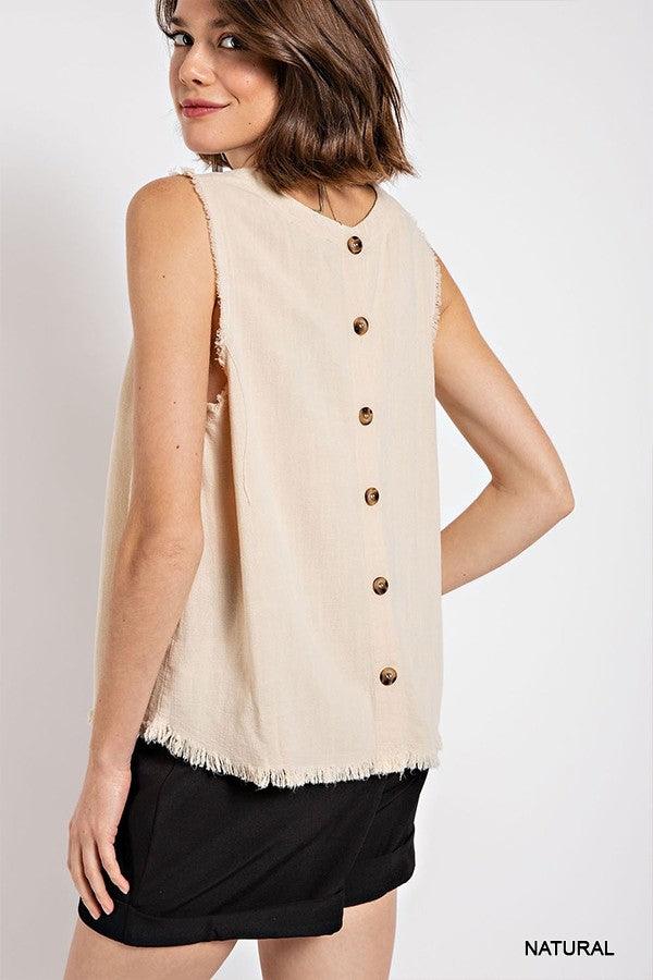 Sleeveless back button closure frayed top by VYSN