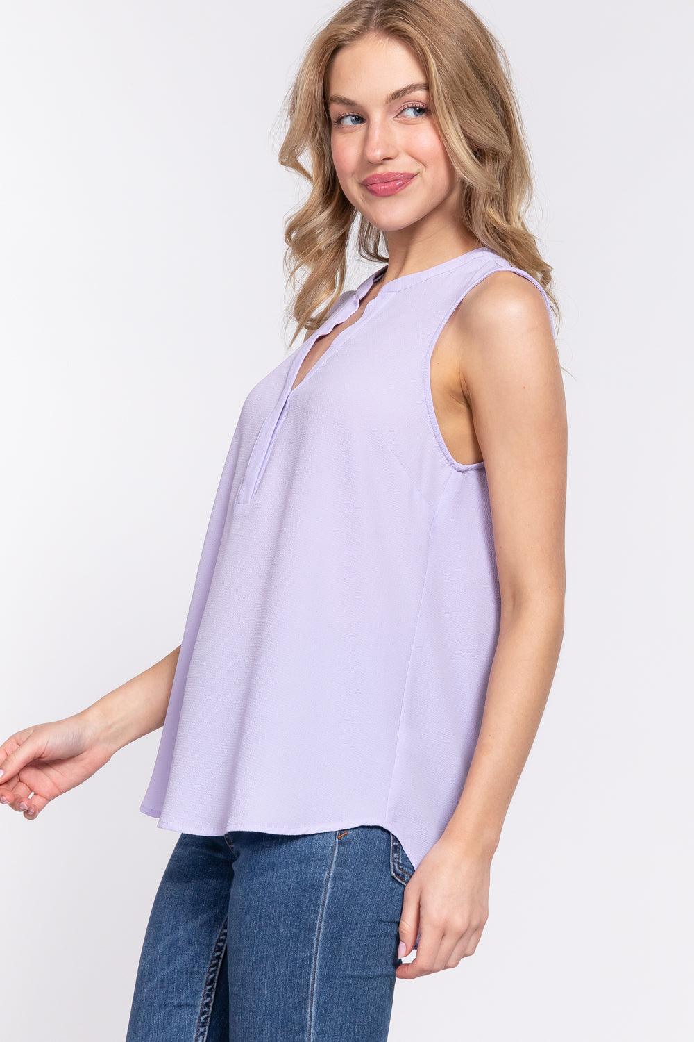 Sleeveless Henley Neck Woven Top by VYSN