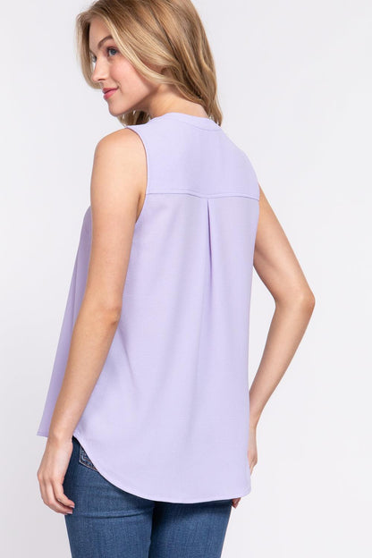 Sleeveless Henley Neck Woven Top by VYSN