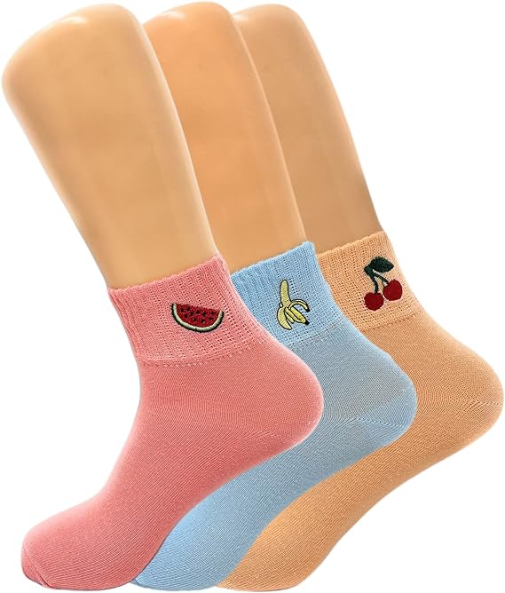 3 Pairs - Fruit Socks Women Embroidery Funny Cute Cartoon Fruit Print Female Low Cut Ankle Socks by Mars Outlet Store LLC