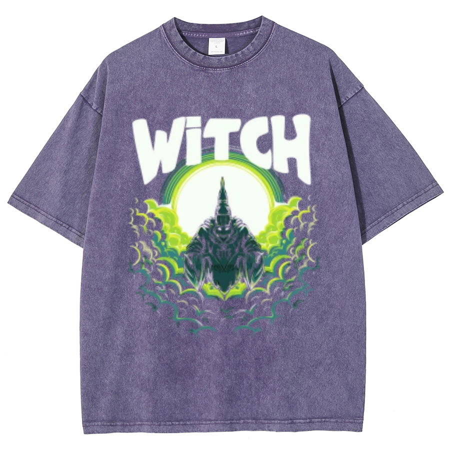 Witch Unisex Oversized Print Vintage Wash Denim T-Shirt by migunica