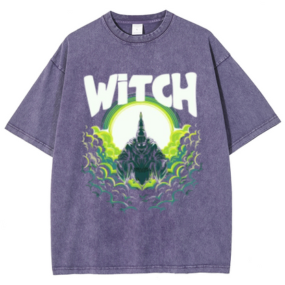 Witch Unisex Oversized Print Vintage Wash Denim T-Shirt by migunica