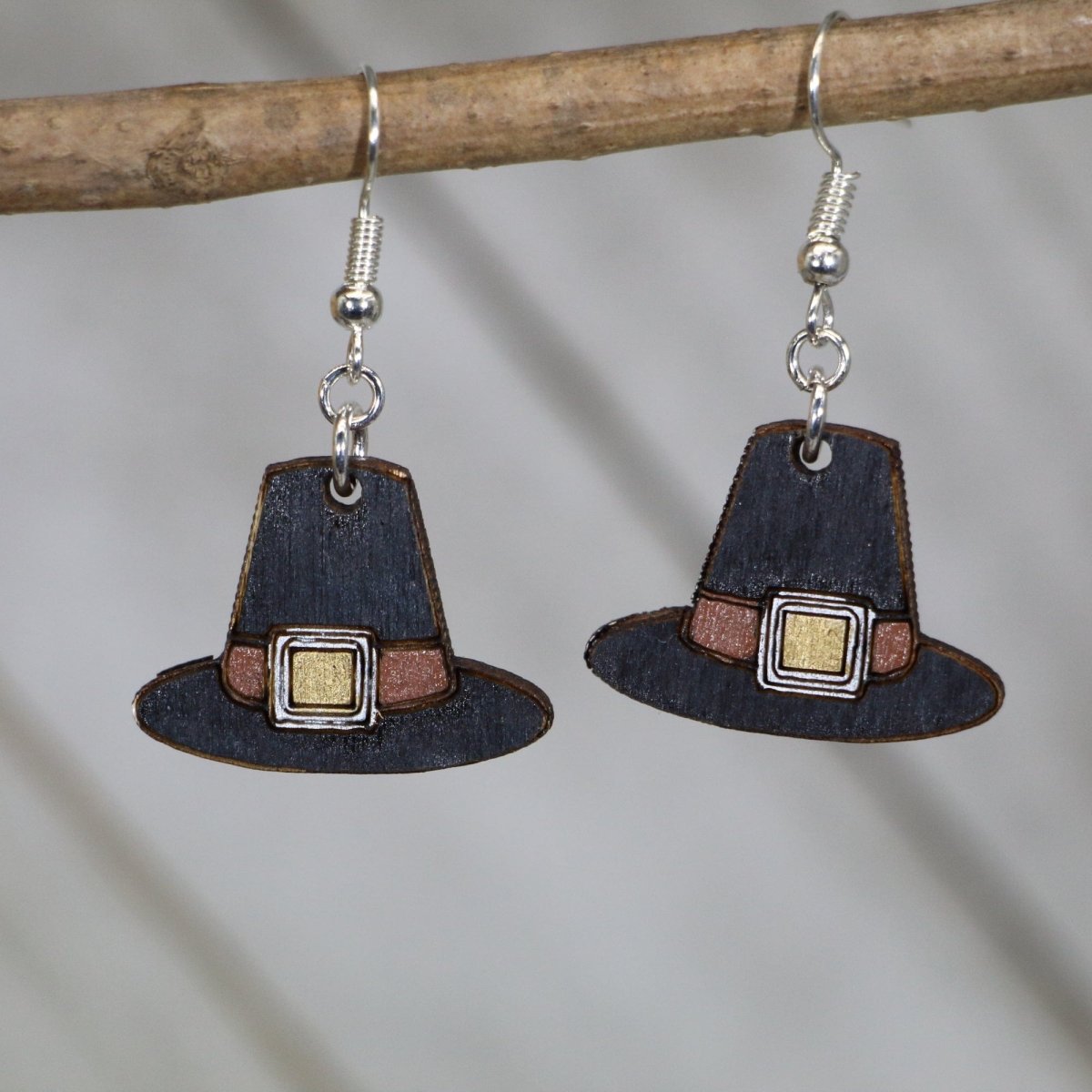 Thanksgiving Pilgrim Hat Wooden Dangle Earrings by Cate's Concepts, LLC