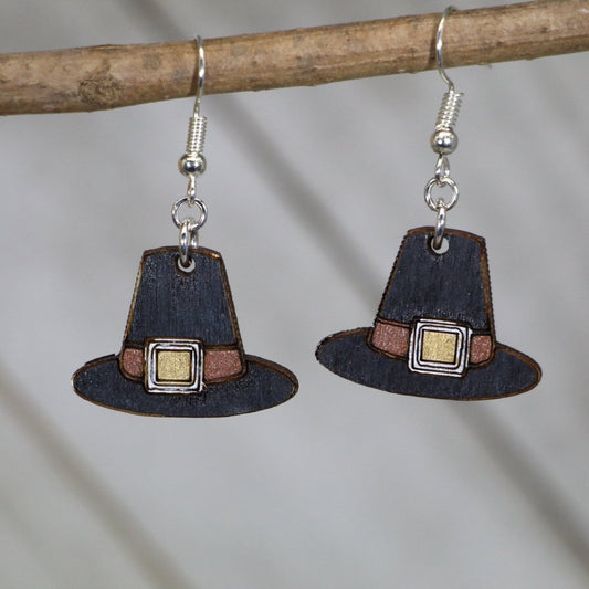 Thanksgiving Pilgrim Hat Wooden Dangle Earrings by Cate's Concepts, LLC