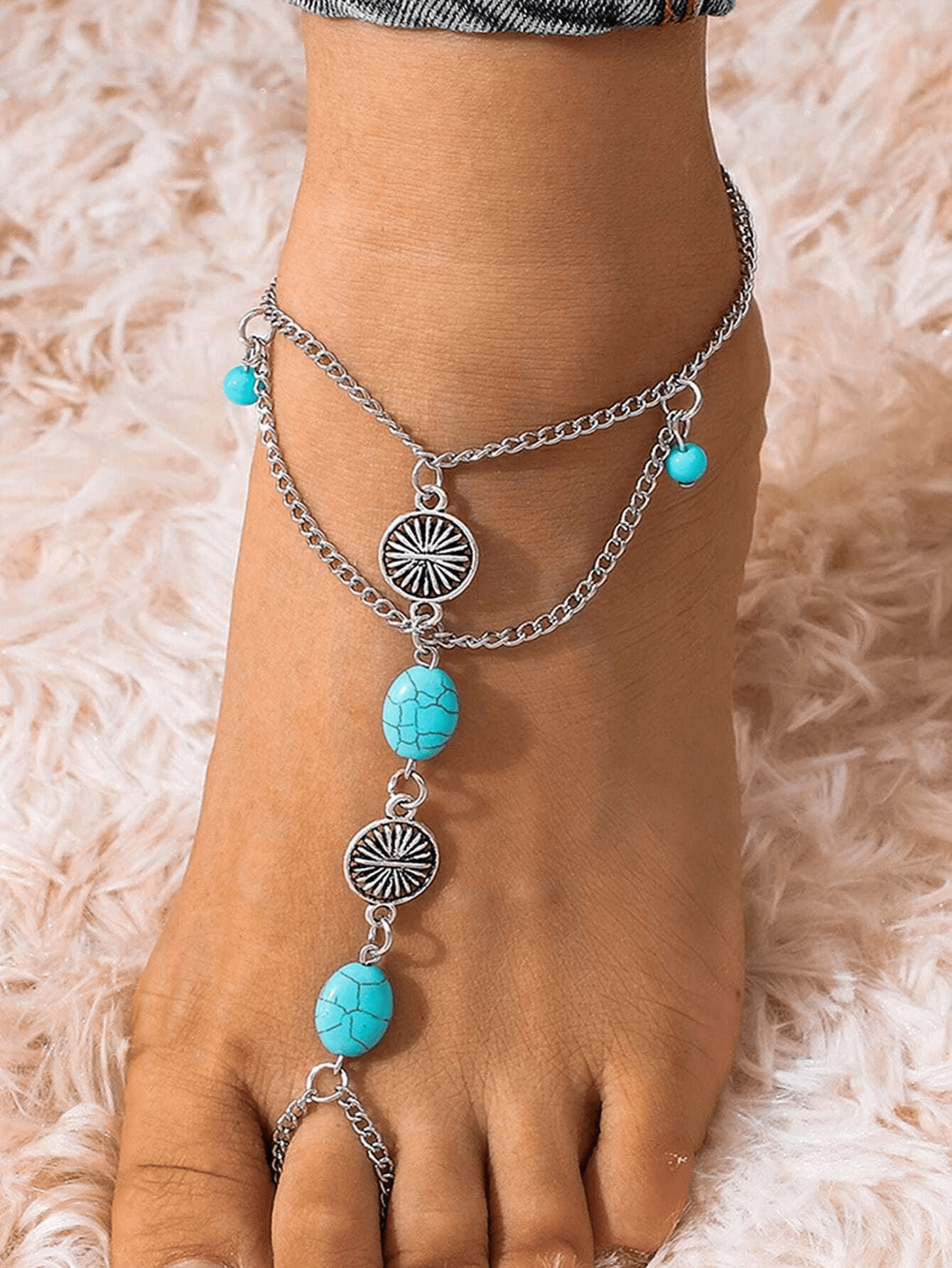 Turquoise Bead Detail Toe Ring Anklet Barefoot Sandal Anklet by Fashion Hut Jewelry