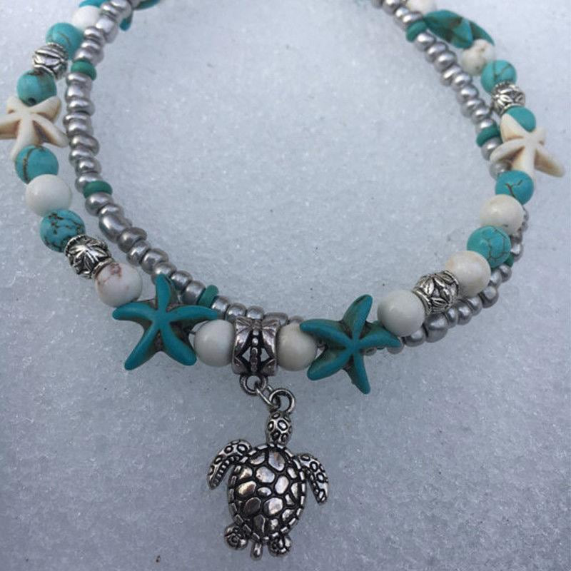 Vintage Double Beaded Turtle Starfish Boho Anklet by Fashion Hut Jewelry