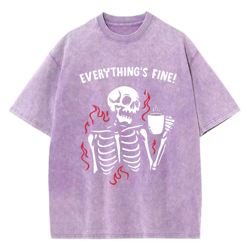 Unisex Everything's Fine Skull Letter Printed Retro Washed Short Sleeved T-Shirt by migunica