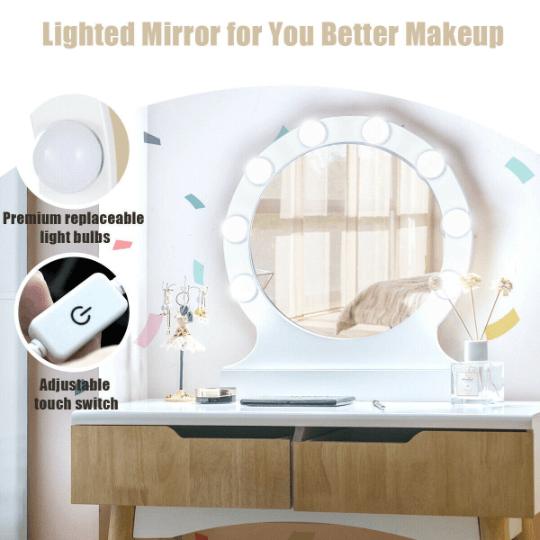 Vanity Makeup Dressing Set Lighted with Mirror Touch Switch and Stool by Plugsus Home Furniture