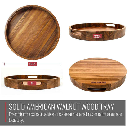 16.5 Inch Round Walnut Wood Serving and Coffee Table Tray with Handles by Virginia Boys Kitchens