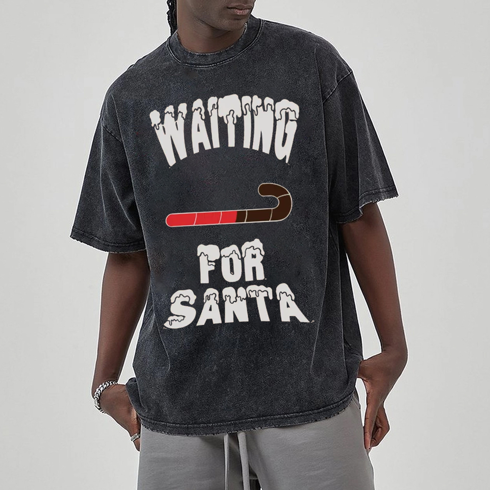 Unisex Waiting For Santa Printed Retro Washed Short Sleeved T-Shirt by migunica