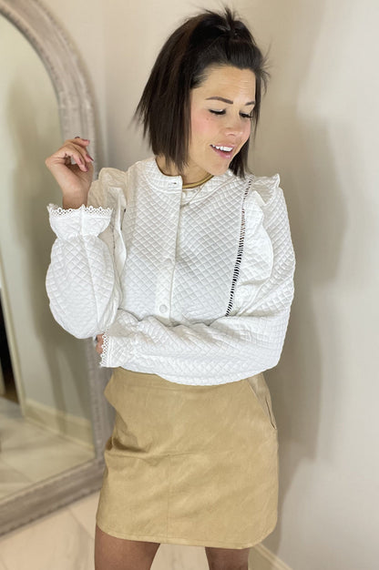 White Quilted Ruffled Blouse by Pretty Little Patriot