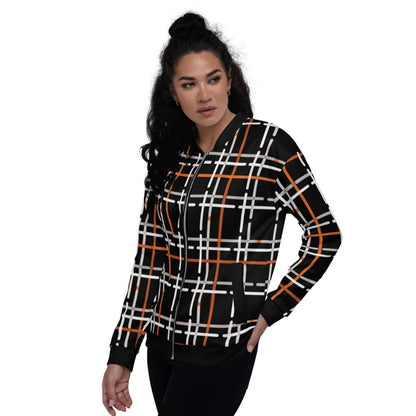 Womens Jacket - Black and Orange Tartan Style Bomber Jacket by inQue.Style