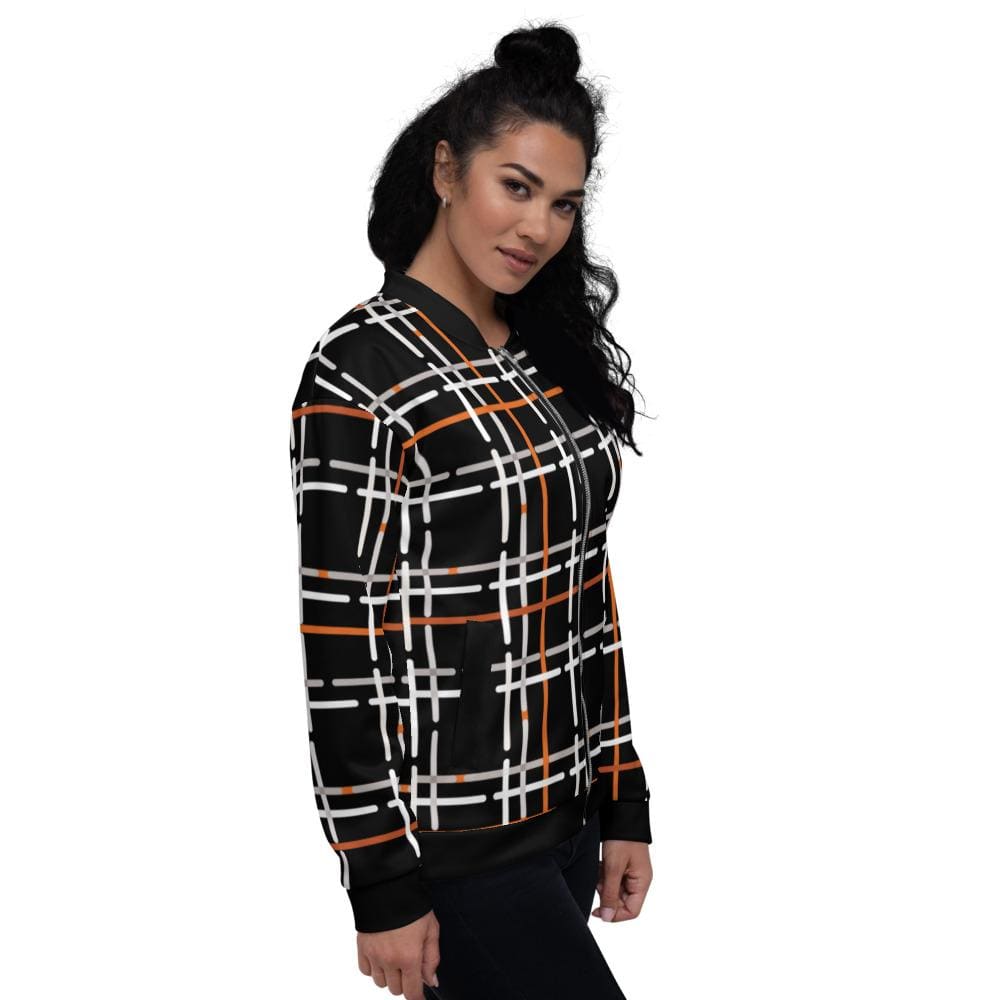 Womens Jacket - Black and Orange Tartan Style Bomber Jacket by inQue.Style