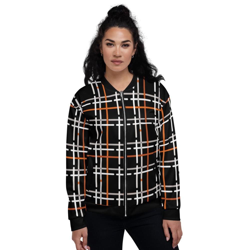 Womens Jacket - Black and Orange Tartan Style Bomber Jacket by inQue.Style