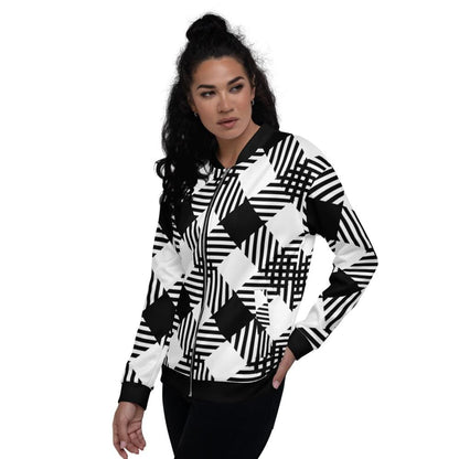 Womens Jacket - Black and White Grid Style Bomber Jacket by inQue.Style