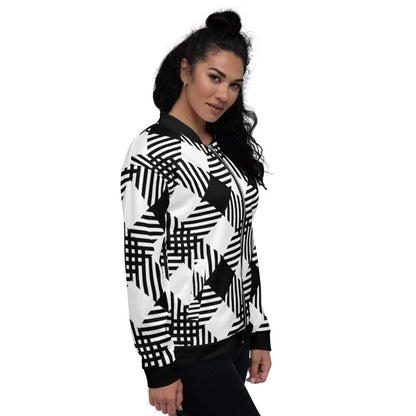 Womens Jacket - Black and White Grid Style Bomber Jacket by inQue.Style