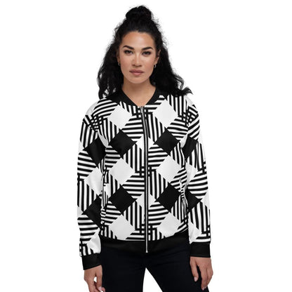 Womens Jacket - Black and White Grid Style Bomber Jacket by inQue.Style