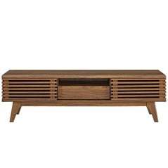 Wooden Mid Century Tv Stand 59" Walnut Sliding Doors by Plugsus Home Furniture